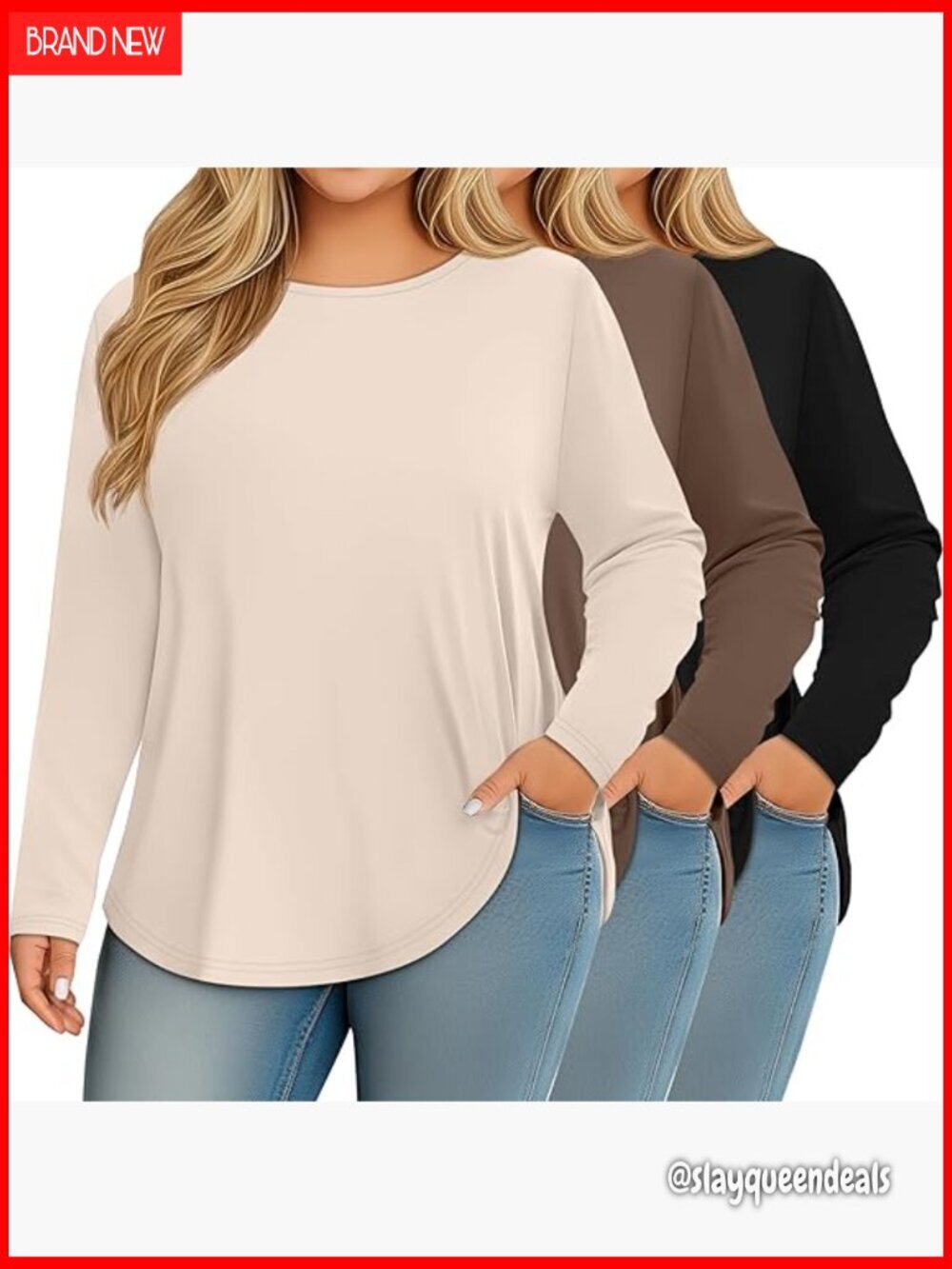Plus Size Long Sleeve T-Shirts 3 Pack Loose Fit Stretchy Basic Tees